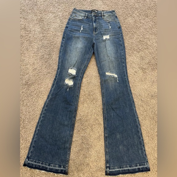 NWT Fashion Nova Road Tripper Ripped Stretch Flare Jeans, Blue, Sz 11 Tall - Picture 3 of 15